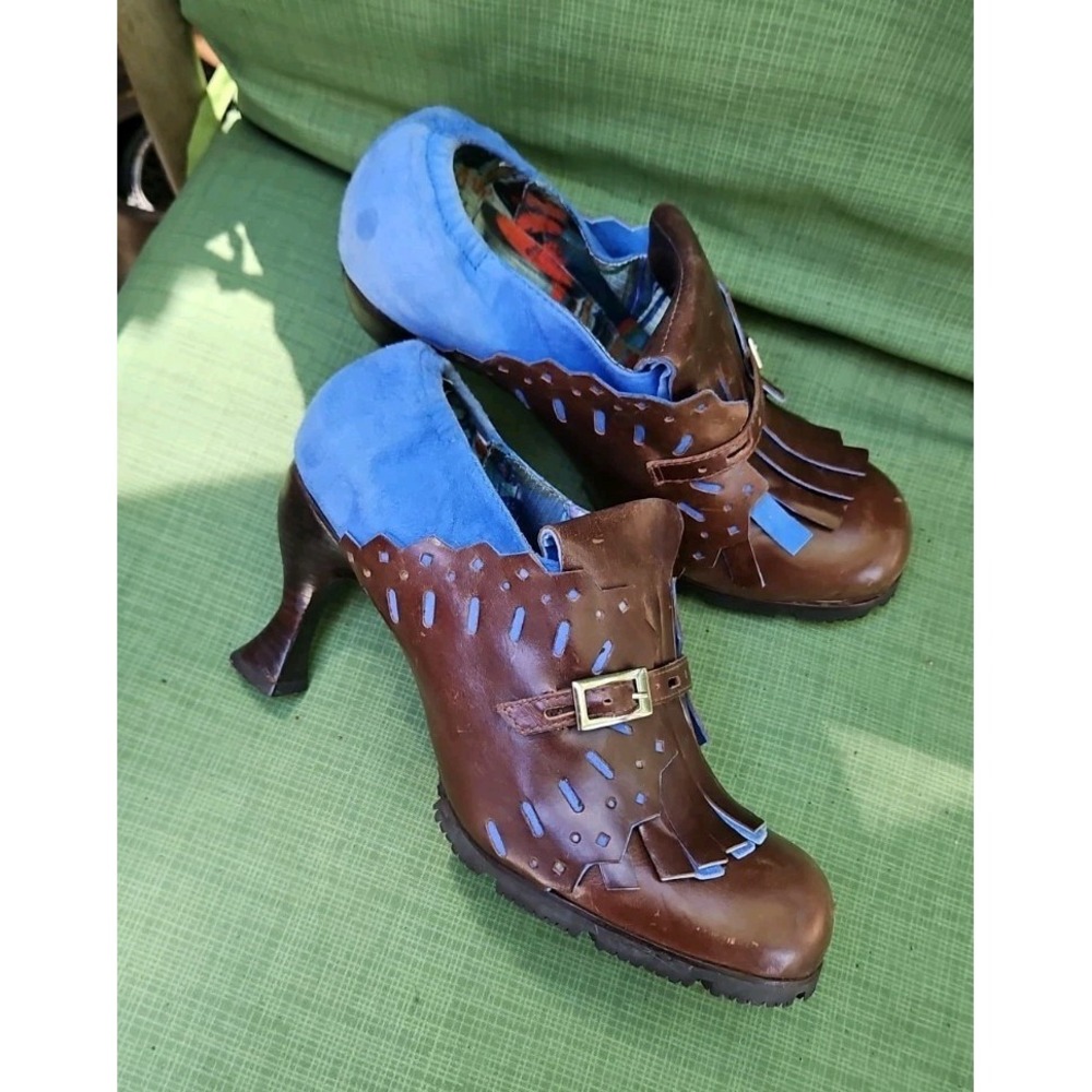 Morenatom By Studio Scala‎ Couture Brown Leather Blue Suede Fringe Buckle Sz 8